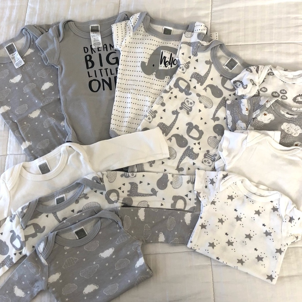 New 11pc Set of sz 0-3 months grey & white onesies